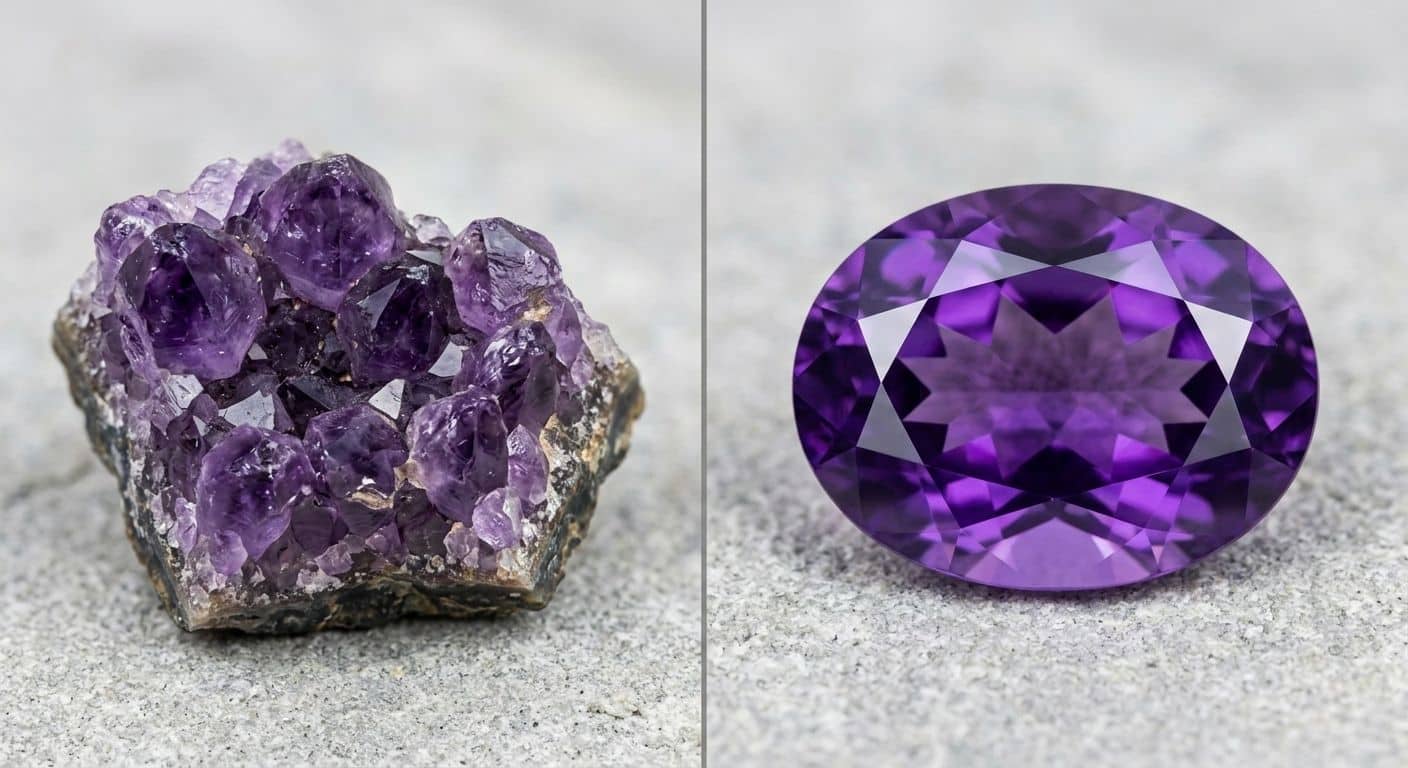 Side-by-side comparison of rough uncut amethyst crystal and faceted polished amethyst gemstone showing the difference between a crystal and a gem