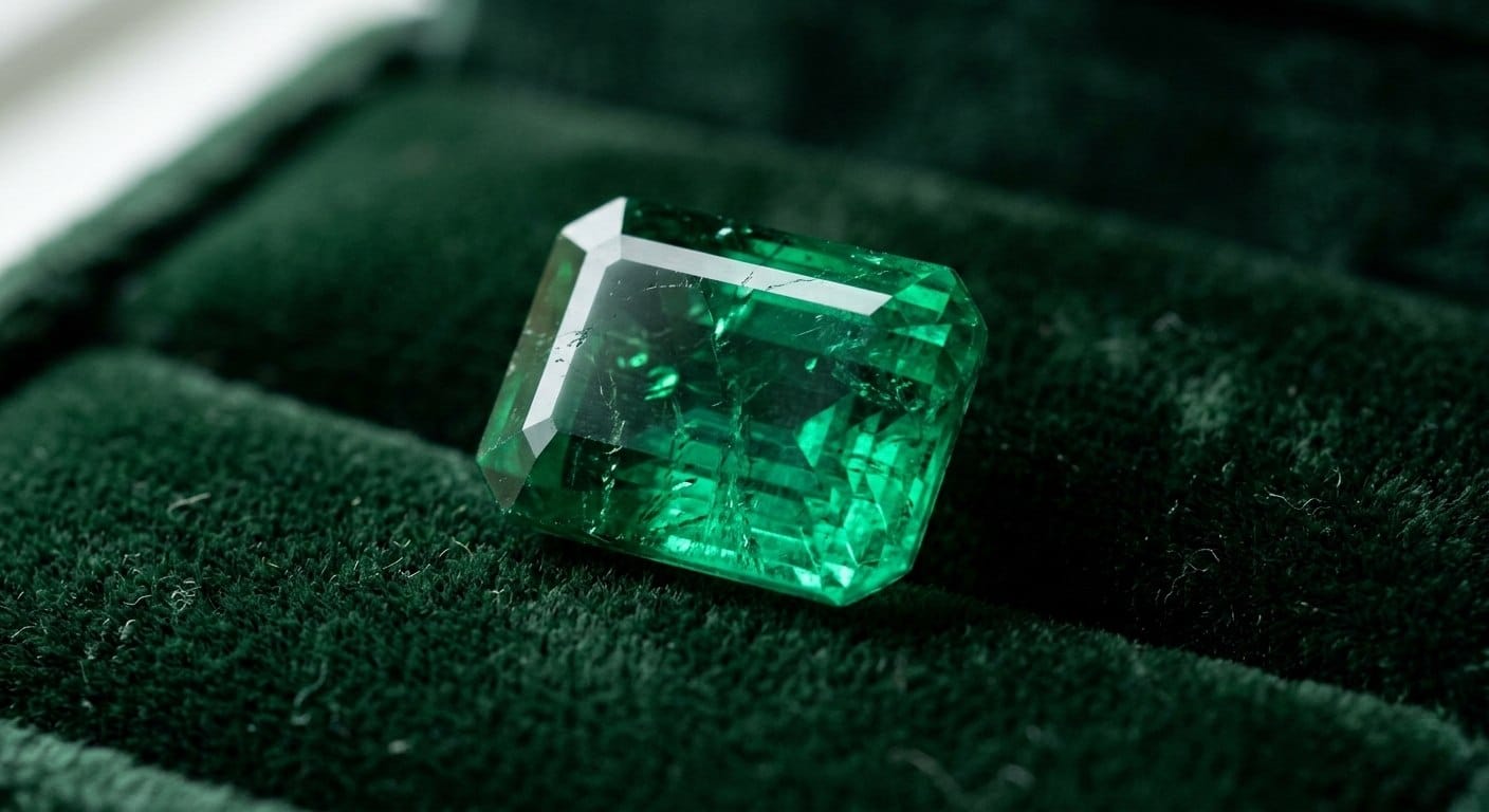 Macro close-up of deep green emerald gemstone on dark velvet showing natural inclusions and rich color — emerald gemstone meaning and symbolism