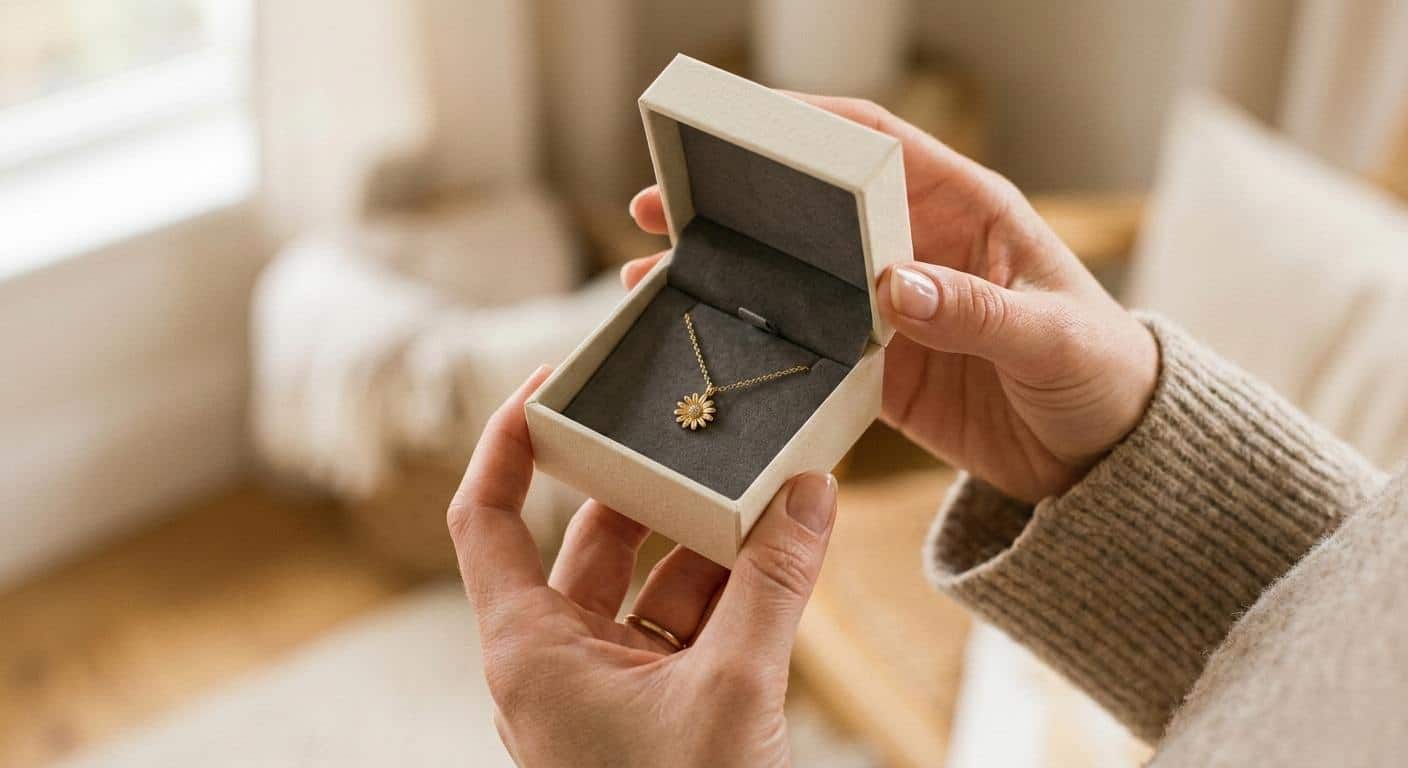 A pair of hands gently opening a cream jewellery gift box revealing a delicate flower necklace on a fine chain inside, shot in warm soft light