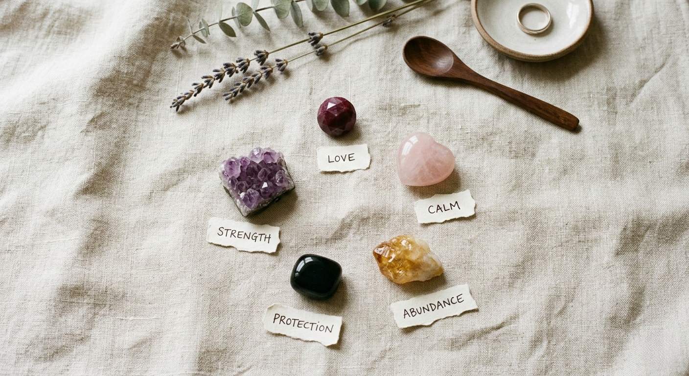 Five gemstones — ruby, rose quartz, black onyx, amethyst and citrine — on linen with handwritten purpose labels showing gemstone meanings for love protection calm strength and abundance