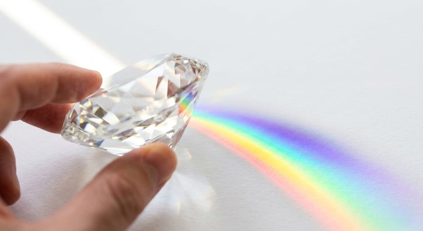 Light refracting through a clear faceted crystal creating a rainbow spectrum on a white surface — illustrating how gemstone color is formed through light