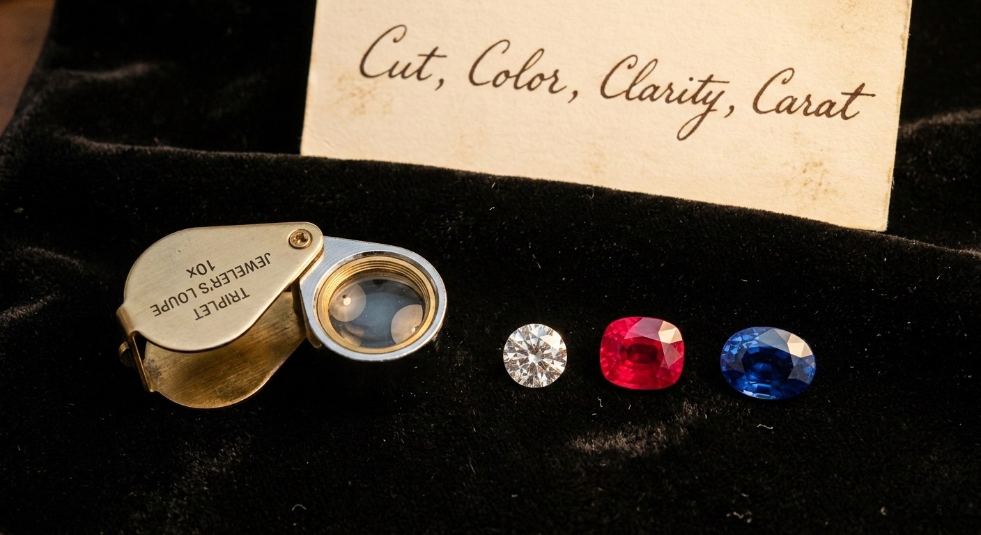 Gemstone Meanings by Color: The Ultimate Guide 5 Jeweler's loupe magnifying glass beside loose diamond, ruby and sapphire on black velvet with handwritten Four Cs card — how gemstones are valued