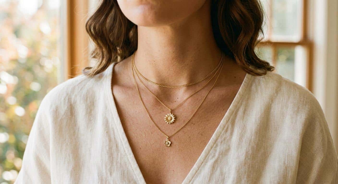 A woman's neckline styled with three layered flower necklaces at different chain lengths — 16, 18, and 20 inches — including a small daisy flower necklace pendant, demonstrating how to layer floral jewellery