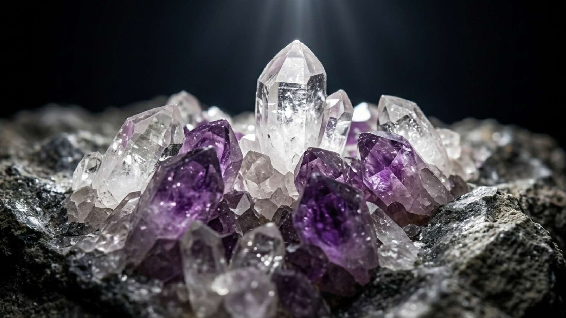 Raw uncut amethyst crystal cluster embedded in grey rock matrix — natural gemstone formation showing how gemstones are found in the earth
