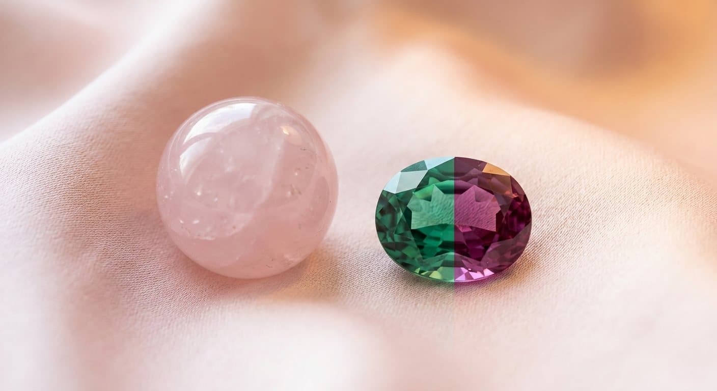 Rose quartz sphere and color-changing alexandrite gemstone on blush pink silk — pink gemstones symbolizing love and compassion