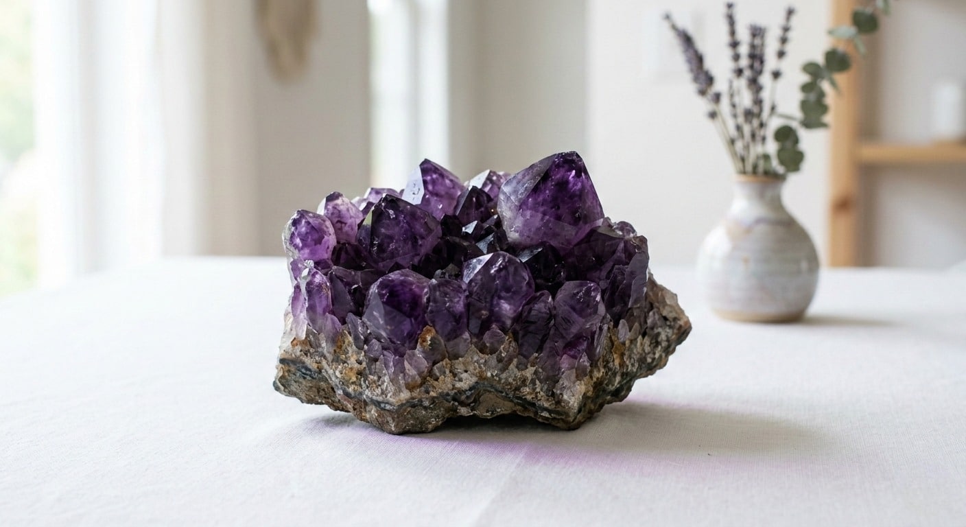 Deep purple amethyst crystal cluster on white surface with soft violet lighting — purple gemstones meaning intuition calm and spirituality