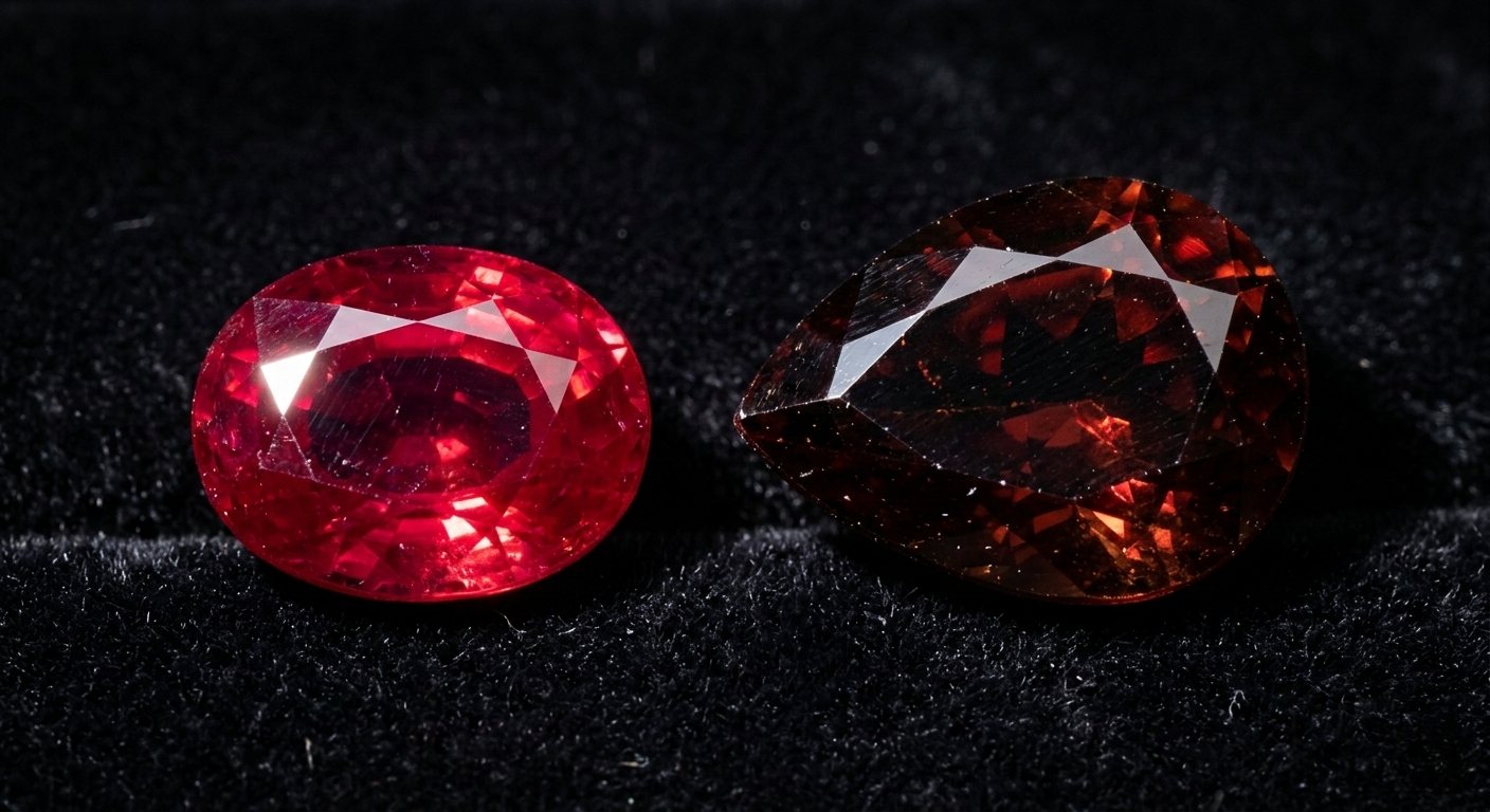 Gemstone Meanings by Color: The Ultimate Guide 6 Close-up of polished ruby and garnet gemstones on black velvet showing the difference between deep red stones — red gemstones meaning passion and courage