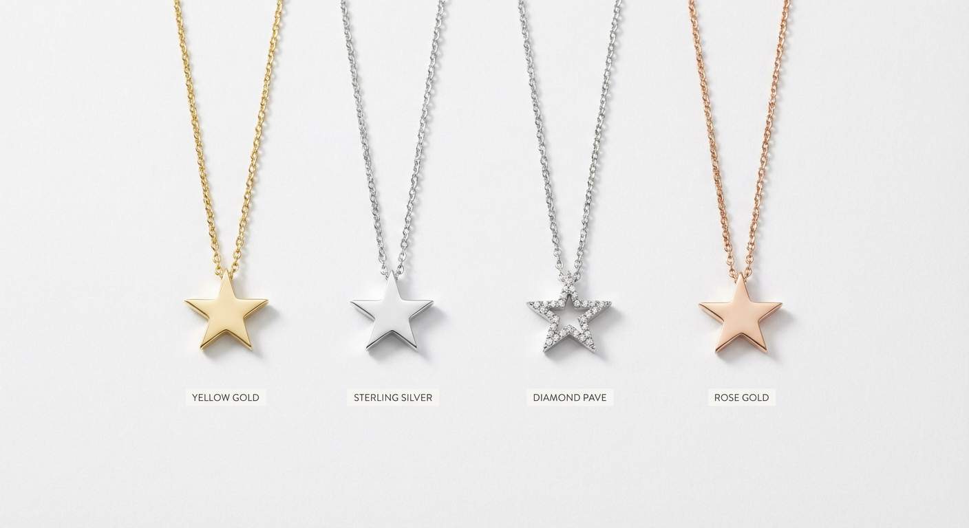 Four star necklaces side by side comparing yellow gold, sterling silver, diamond pavé, and rose gold star pendant styles on white background
