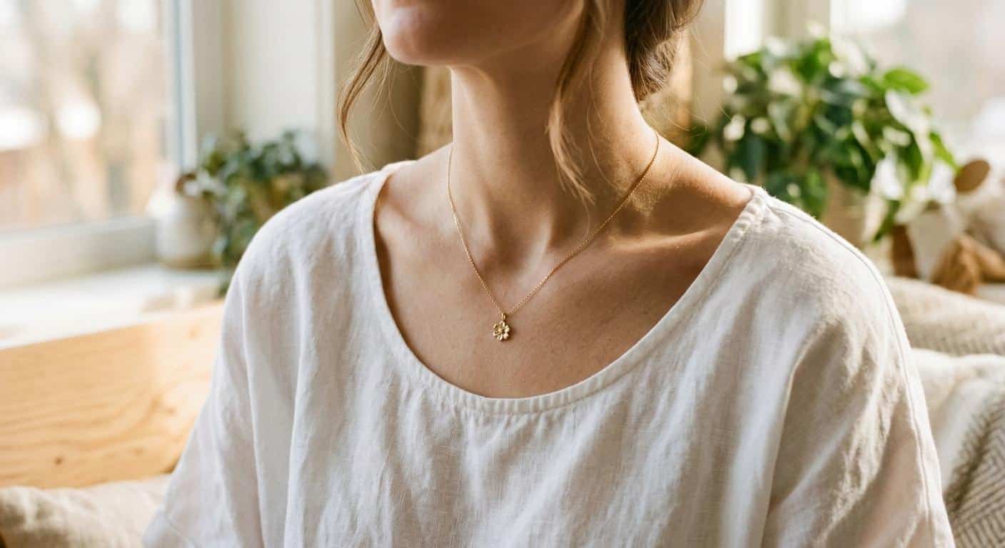 A woman wearing a dainty gold flower necklace on a fine chain, resting at the collarbone against a soft white linen top in warm natural light