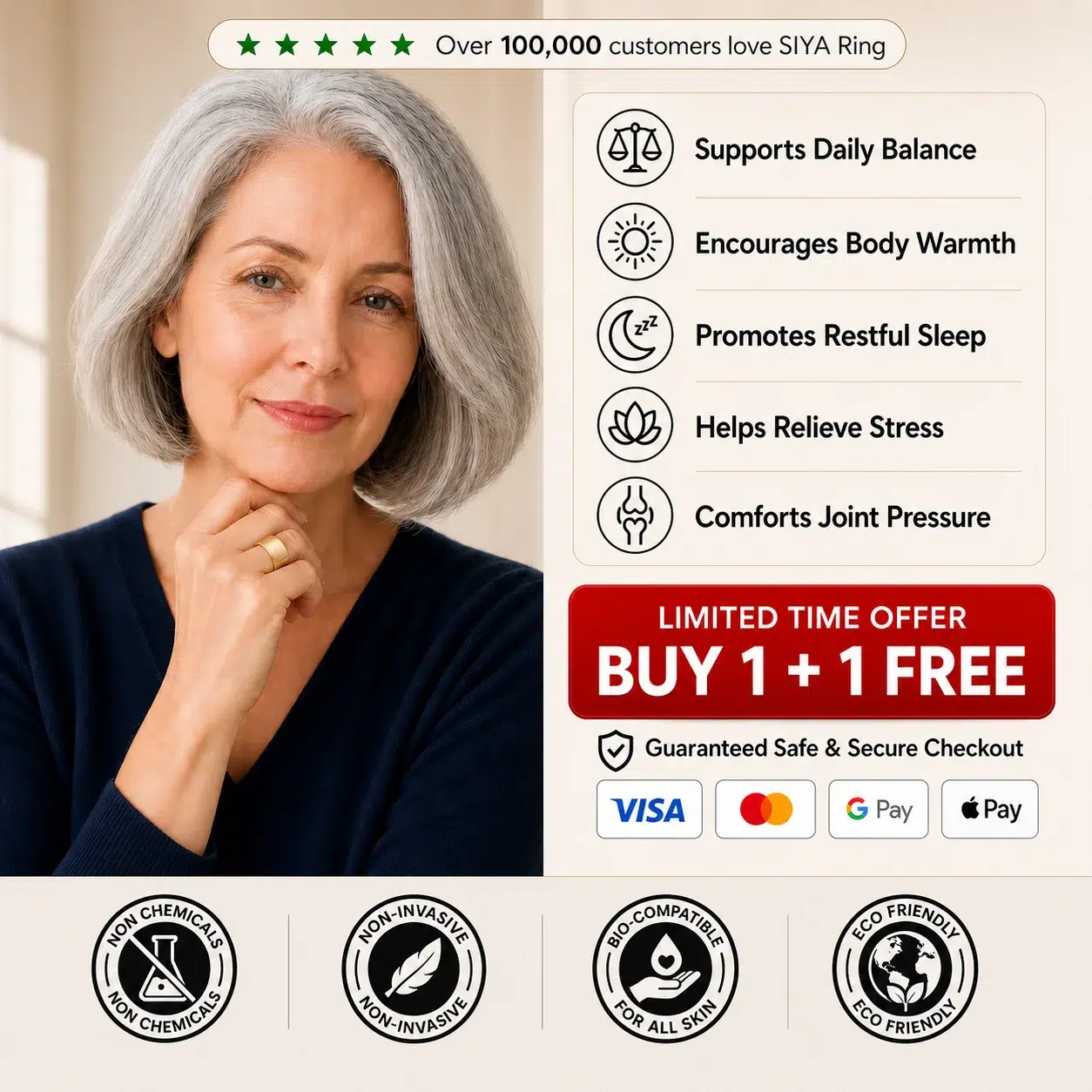 Secure checkout for the Siya Ring premium magnetic acupressure kit, featuring medical-grade 316L stainless steel packaging and clinically validated results for 78% thermal regulation and 66% sleep enhancement.